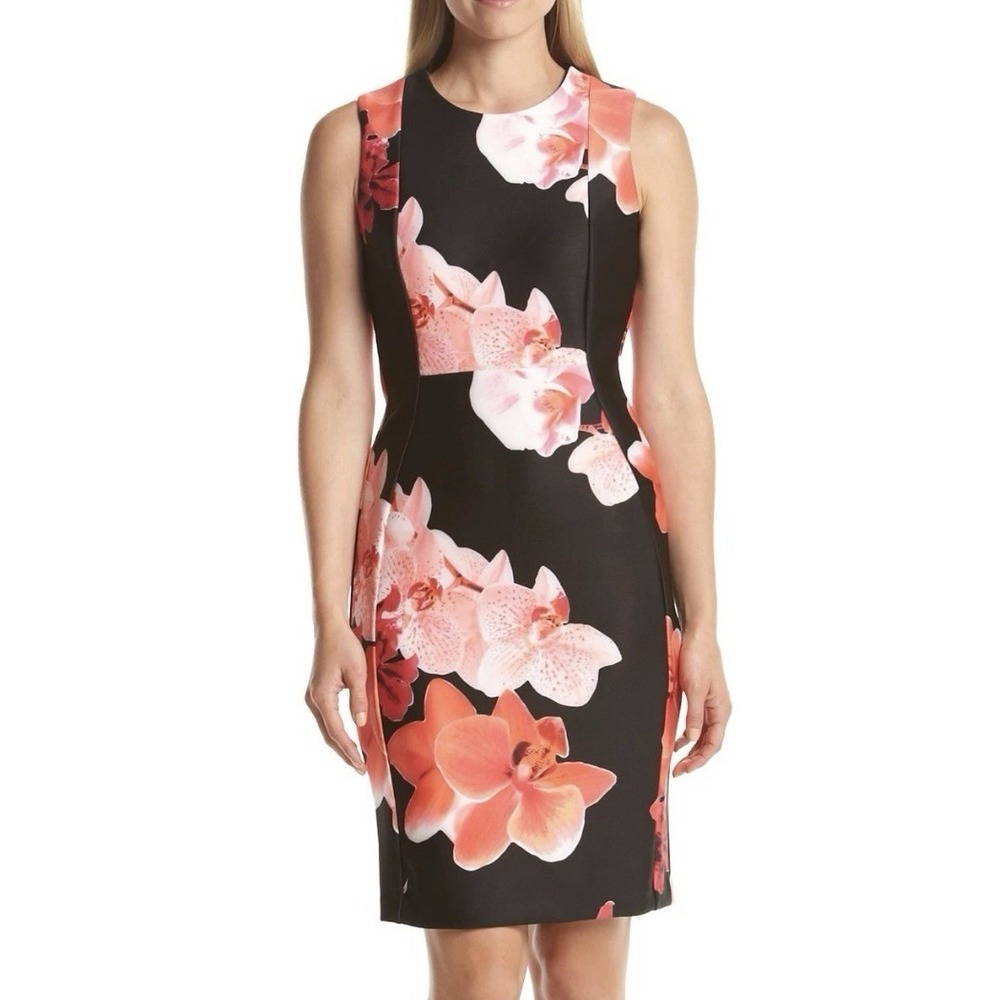 NWT Calvin Klein Coral Floral Scuba Knit Stretch Sleeveless Sheath Dress Size 10